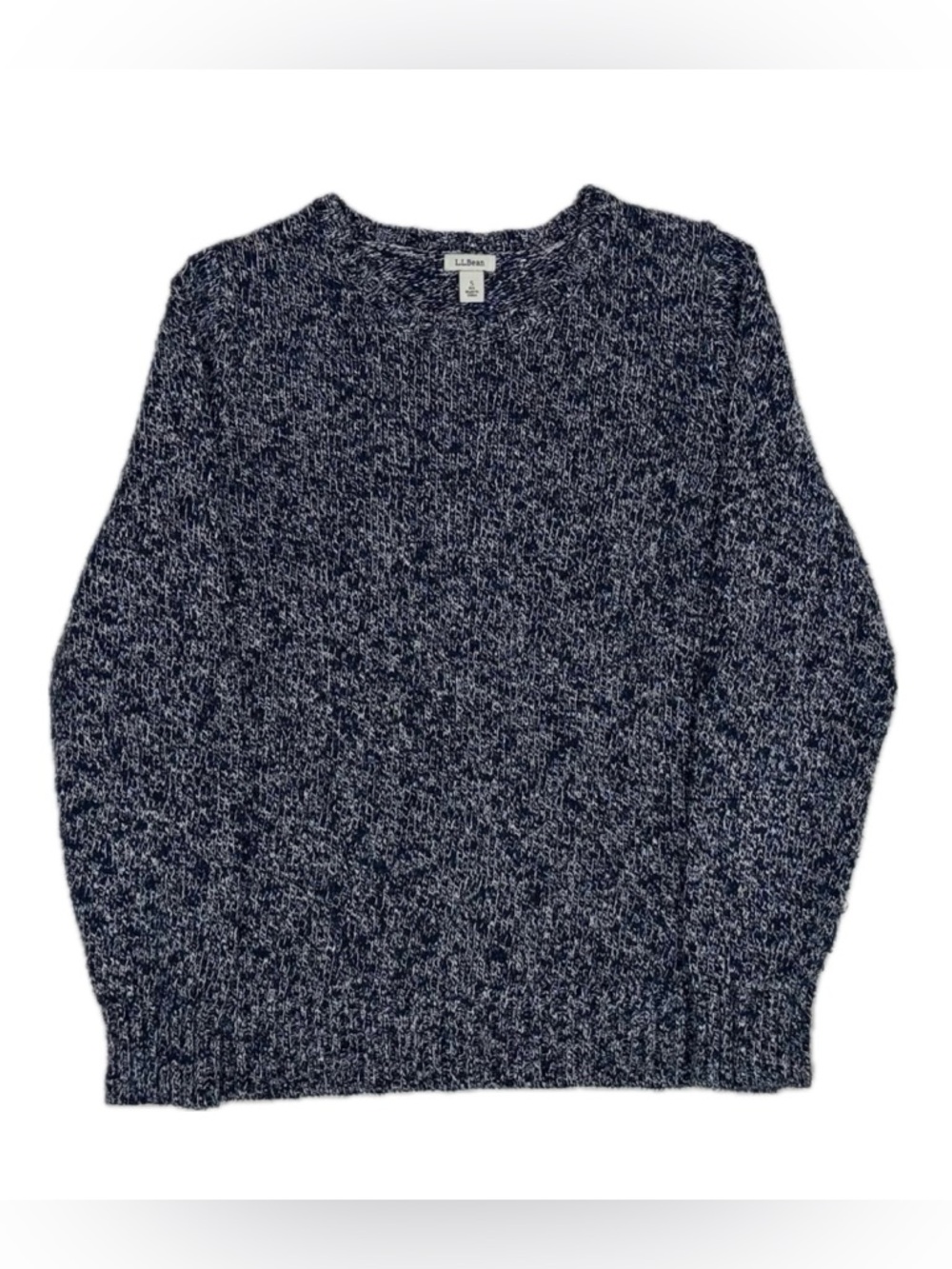 LL Bean 100% cotton navy white marl speckled knit crewneck sweater women's small
